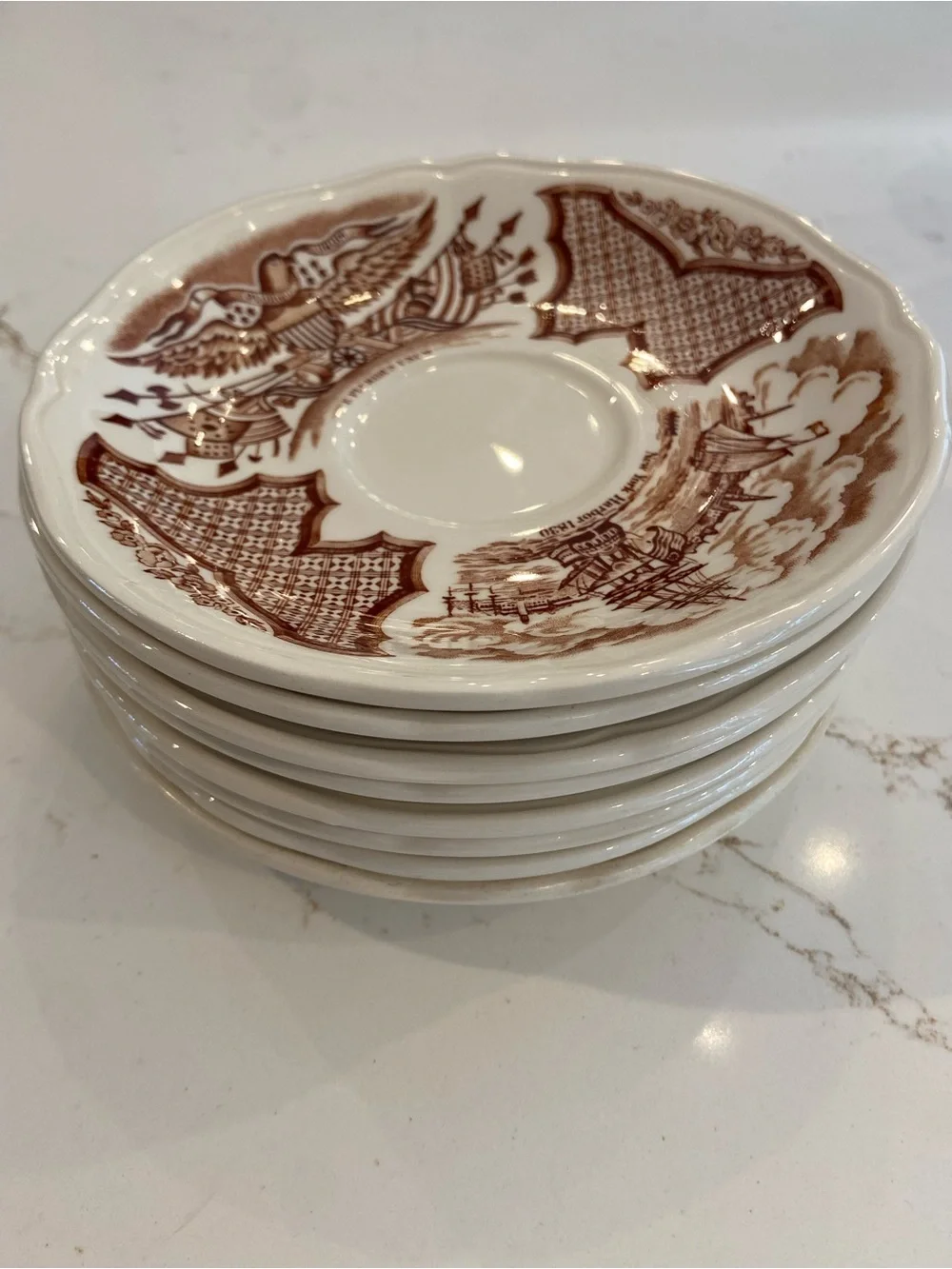 Tea Cup & Saucer Service For (8) New York Harbor Scene, State Seal By Fair Winds